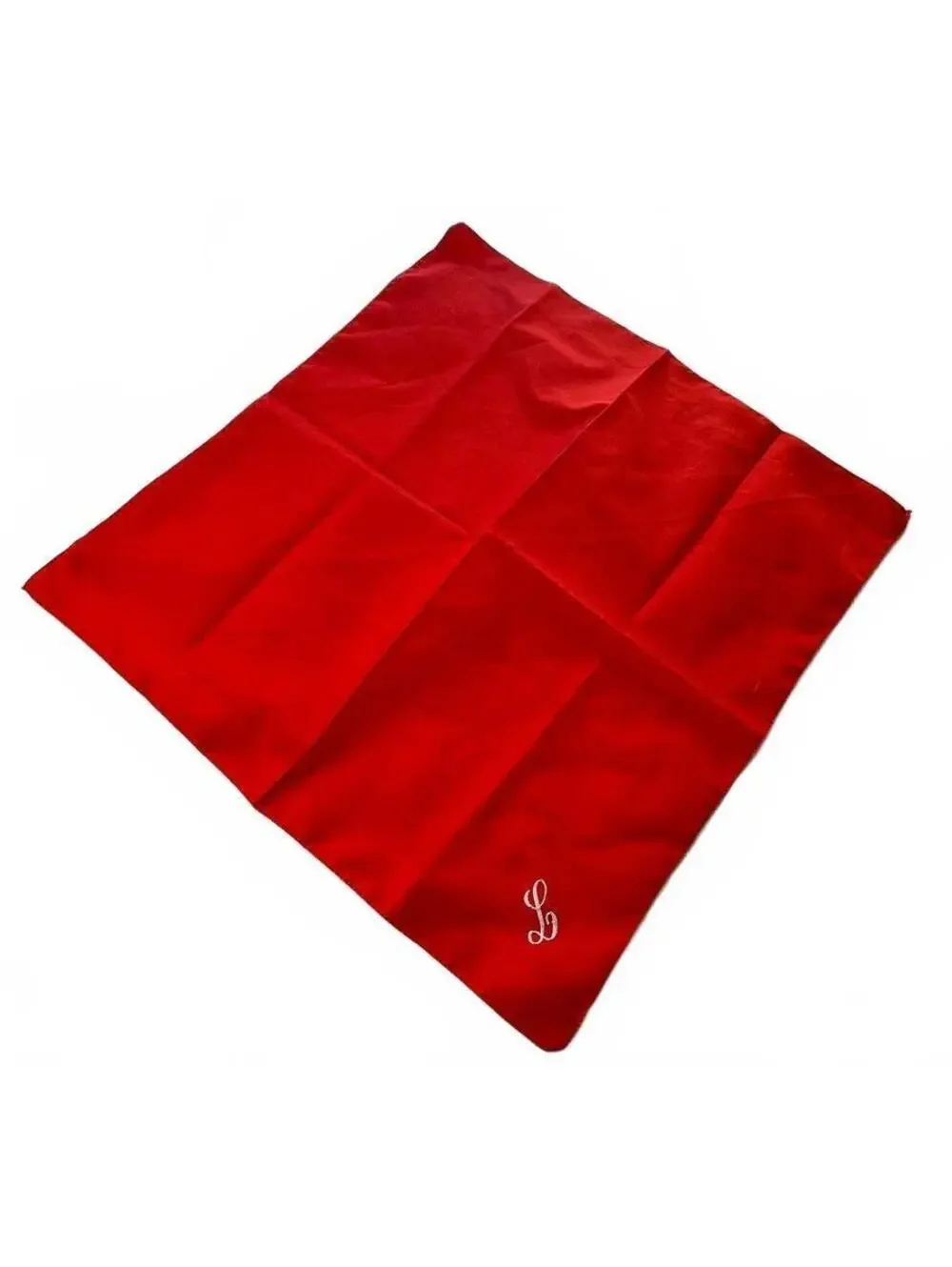 1970s Boselli Red Polyester Square Scarf with White Monogram L- Made in Italy